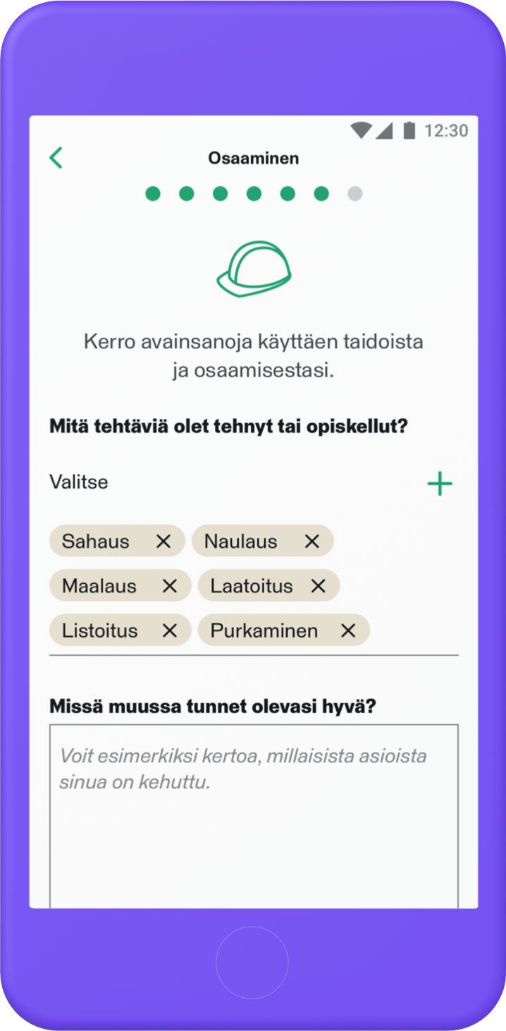 Mobiilisovelluksen näkymä, jossa kysytään osaamisesta
